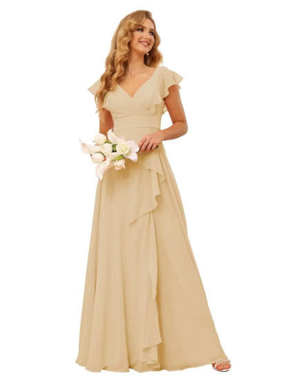 Princess A-Line Floor-Length Bridesmaid Dresses With V Neck and Ruffled Short Sleeve Split