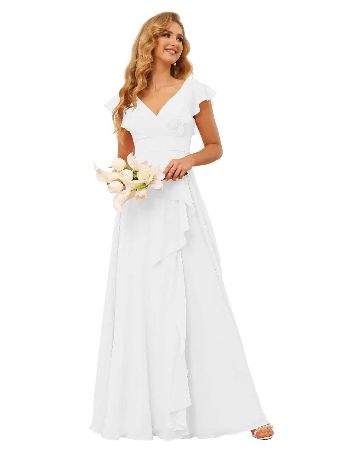 Princess A-Line Floor-Length Bridesmaid Dresses With V Neck and Ruffled Short Sleeve Split
