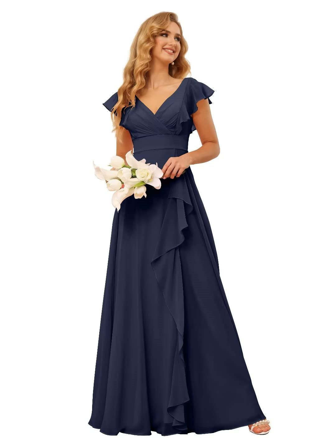 Princess A-Line Floor-Length Bridesmaid Dresses With V Neck and Ruffled Short Sleeve Split