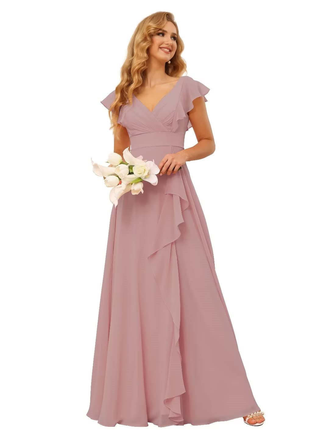 Princess A-Line Floor-Length Bridesmaid Dresses With V Neck and Ruffled Short Sleeve Split