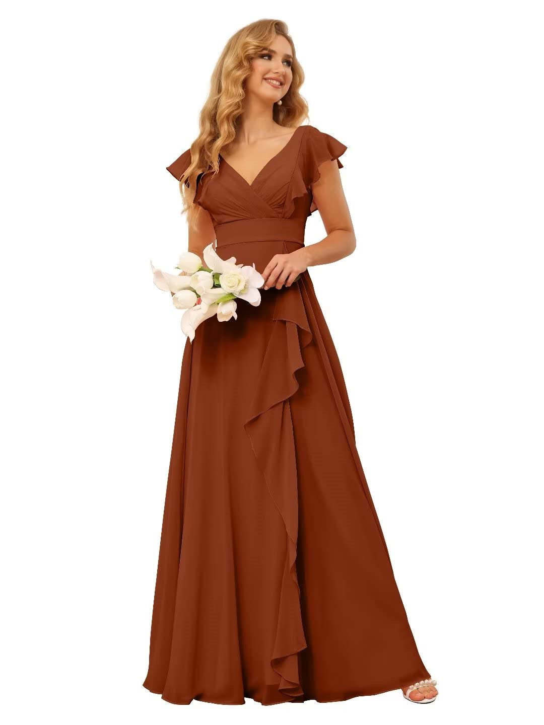 Princess A-Line Floor-Length Bridesmaid Dresses With V Neck and Ruffled Short Sleeve Split