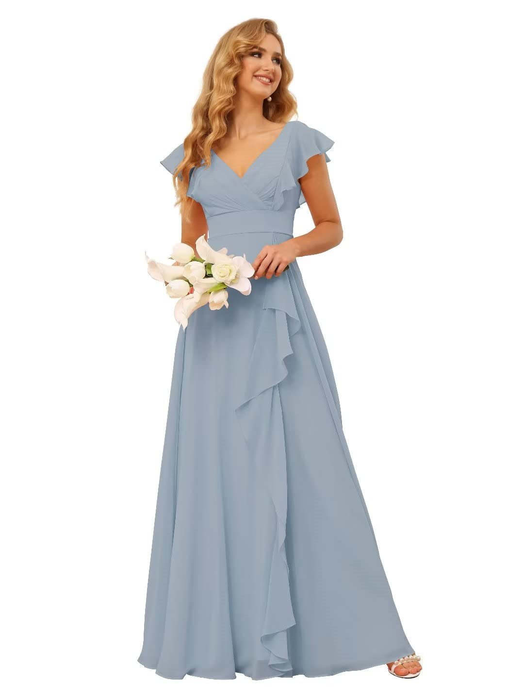 Princess A-Line Floor-Length Bridesmaid Dresses With V Neck and Ruffled Short Sleeve Split