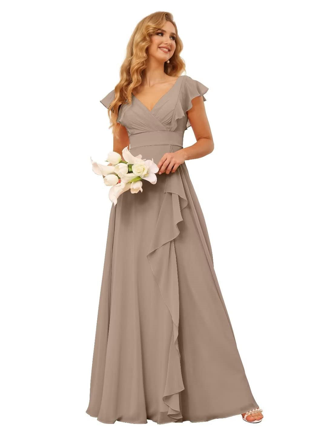 Princess A-Line Floor-Length Bridesmaid Dresses With V Neck and Ruffled Short Sleeve Split