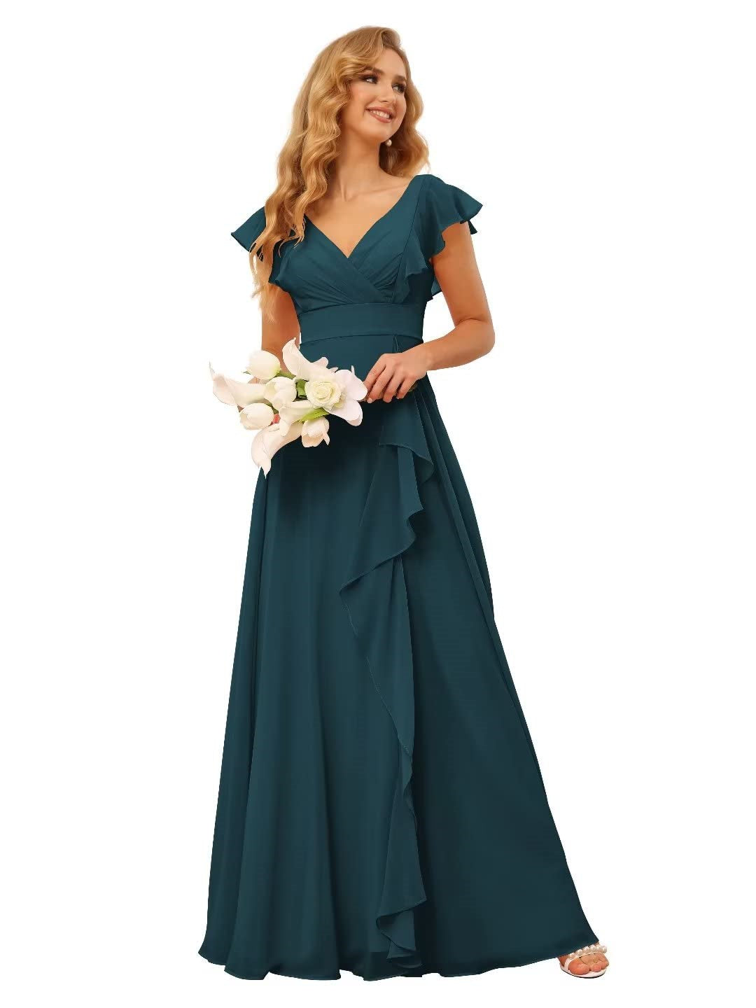 Princess A-Line Floor-Length Bridesmaid Dresses With V Neck and Ruffled Short Sleeve Split