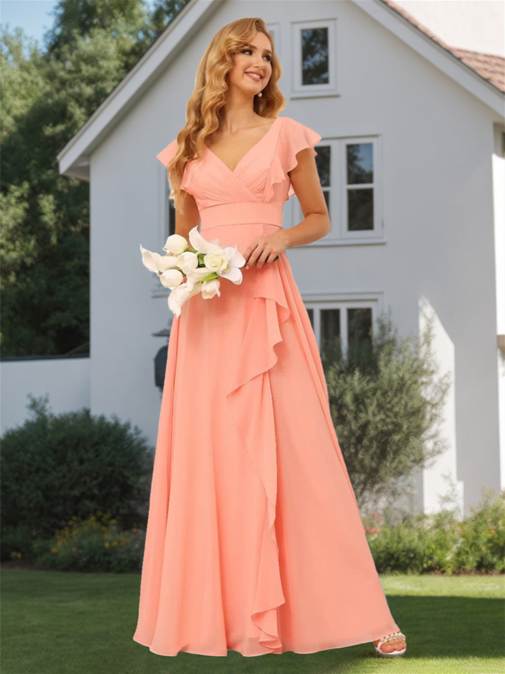 Princess A-Line Floor-Length Bridesmaid Dresses With V Neck and Ruffled Short Sleeve Split