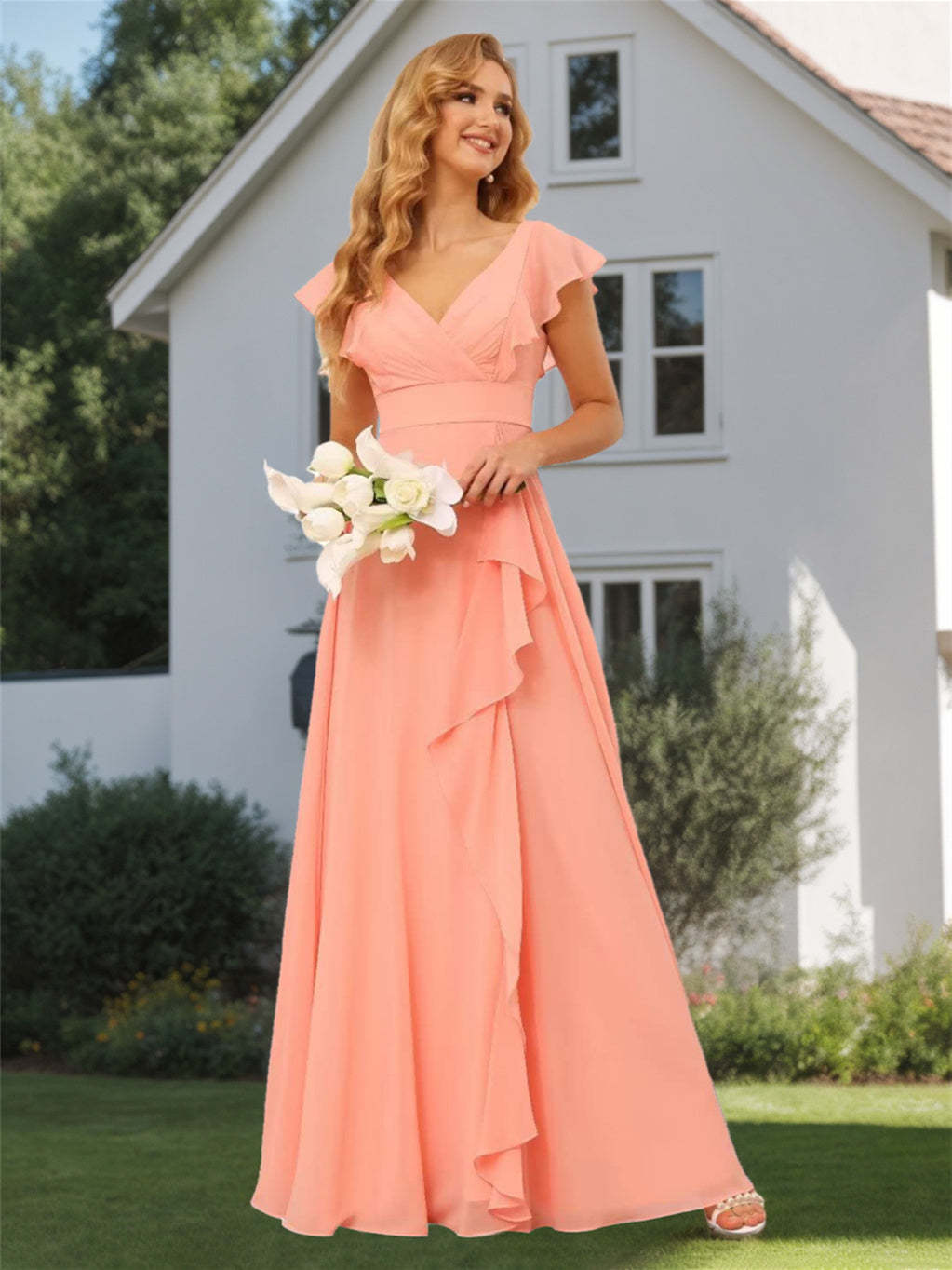 Princess A-Line Floor-Length Bridesmaid Dresses With V Neck and Ruffled Short Sleeve Split