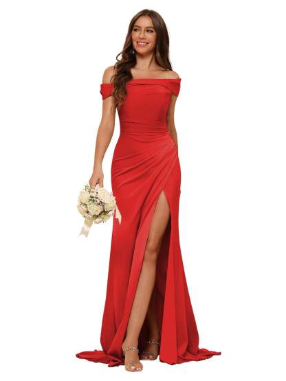 Off-Shoulder Sleeveless Mermaid Bridesmaid Dress with Slit and Sweep Train