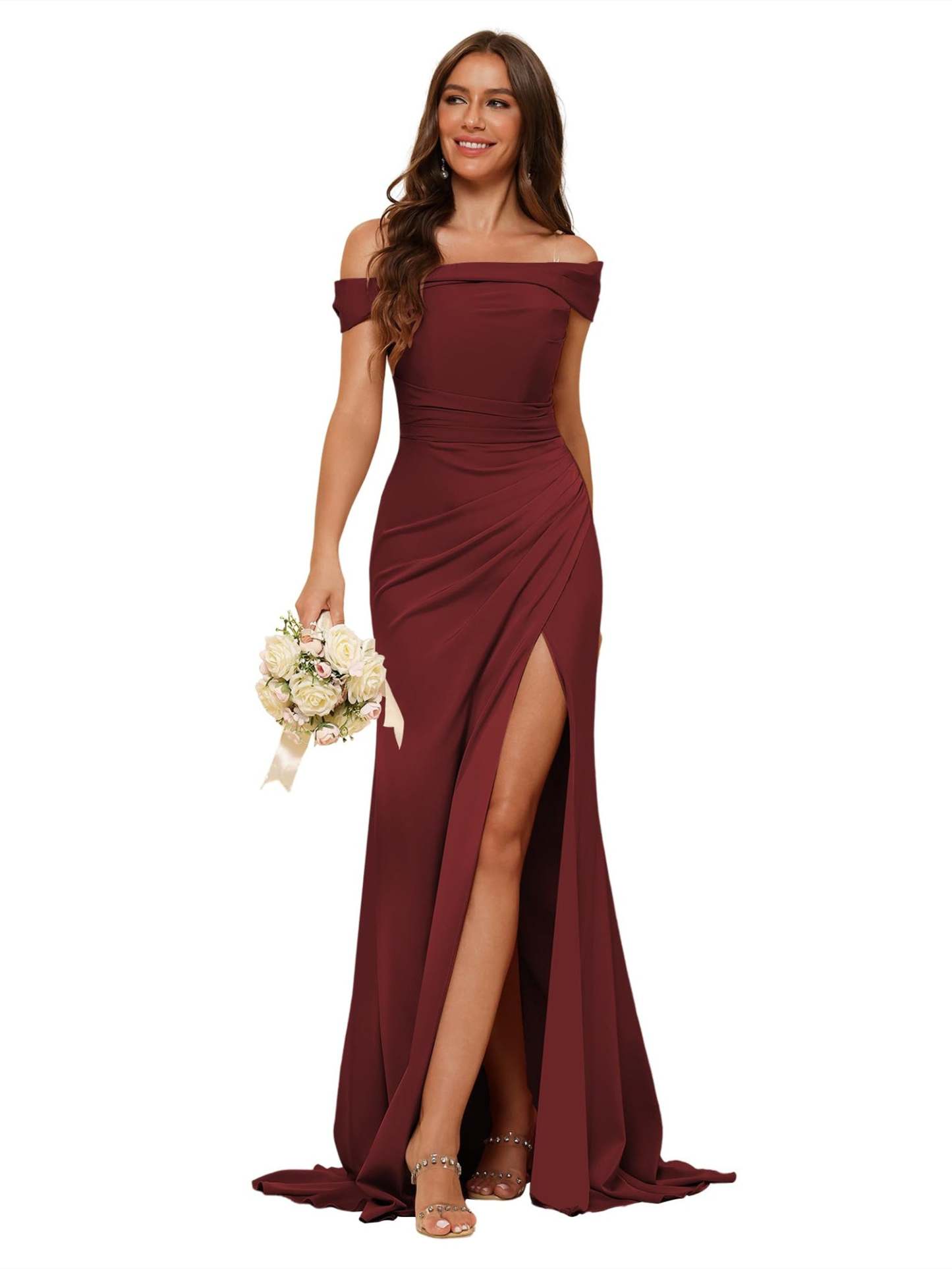 Off-Shoulder Sleeveless Mermaid Bridesmaid Dress with Slit and Sweep Train