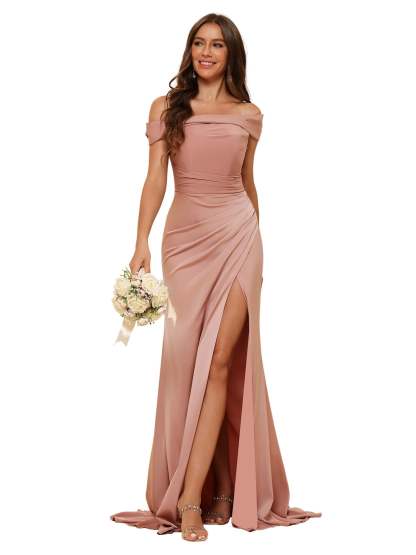 Off-Shoulder Sleeveless Mermaid Bridesmaid Dress with Slit and Sweep Train