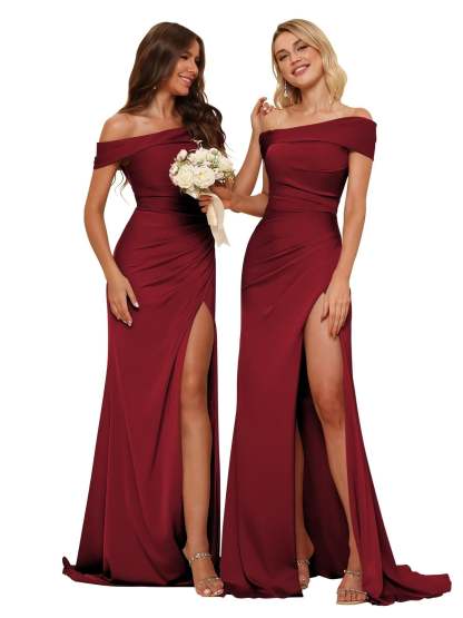 Off-Shoulder Sleeveless Mermaid Bridesmaid Dress with Slit and Sweep Train