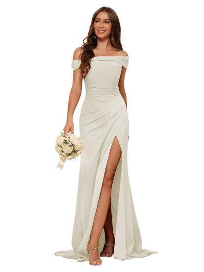 Off-Shoulder Sleeveless Mermaid Bridesmaid Dress with Slit and Sweep Train