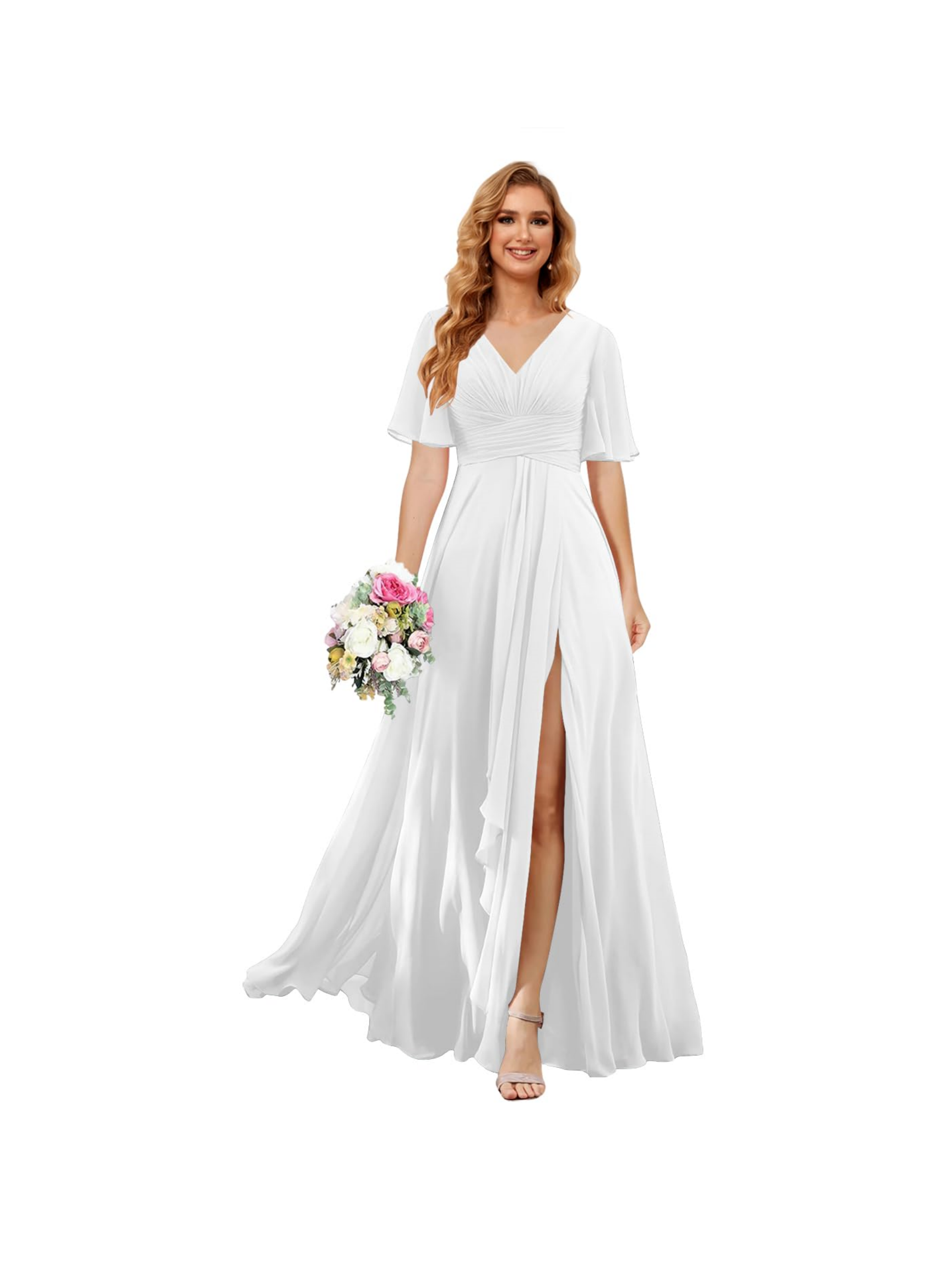 Princess A-line V-neck chiffon bridesmaid dress with slit short sleeves and floor-length