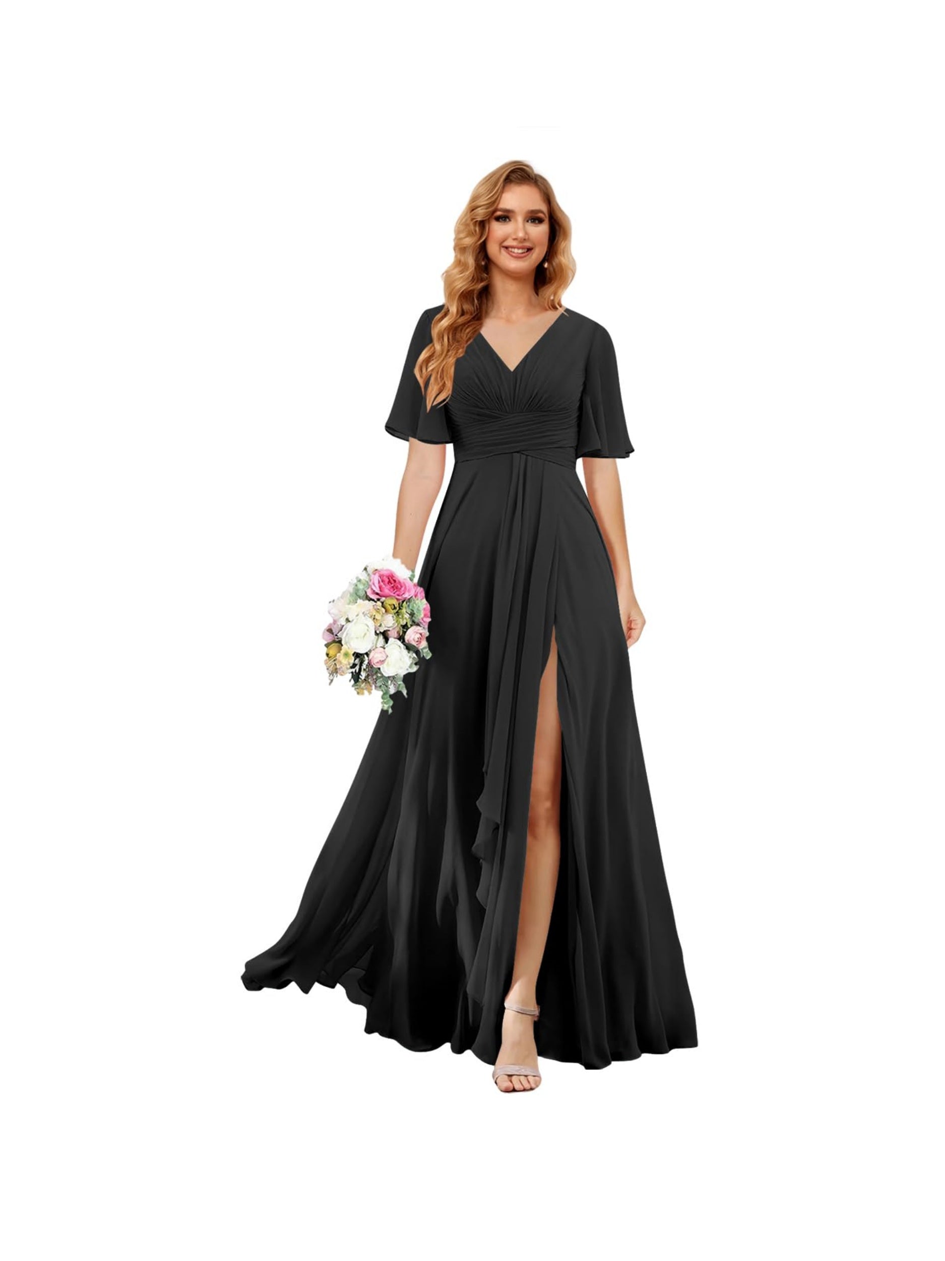 Princess A-line V-neck chiffon bridesmaid dress with slit short sleeves and floor-length