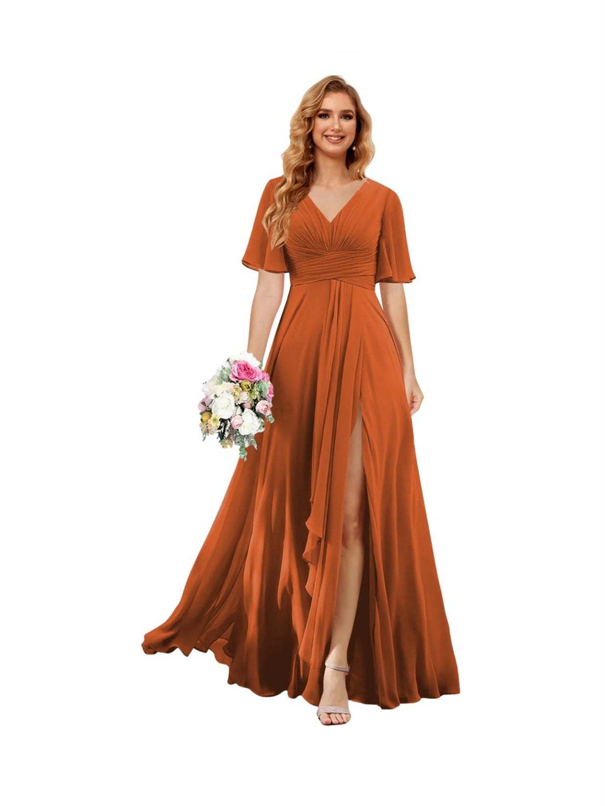 Princess A-line V-neck chiffon bridesmaid dress with slit short sleeves and floor-length