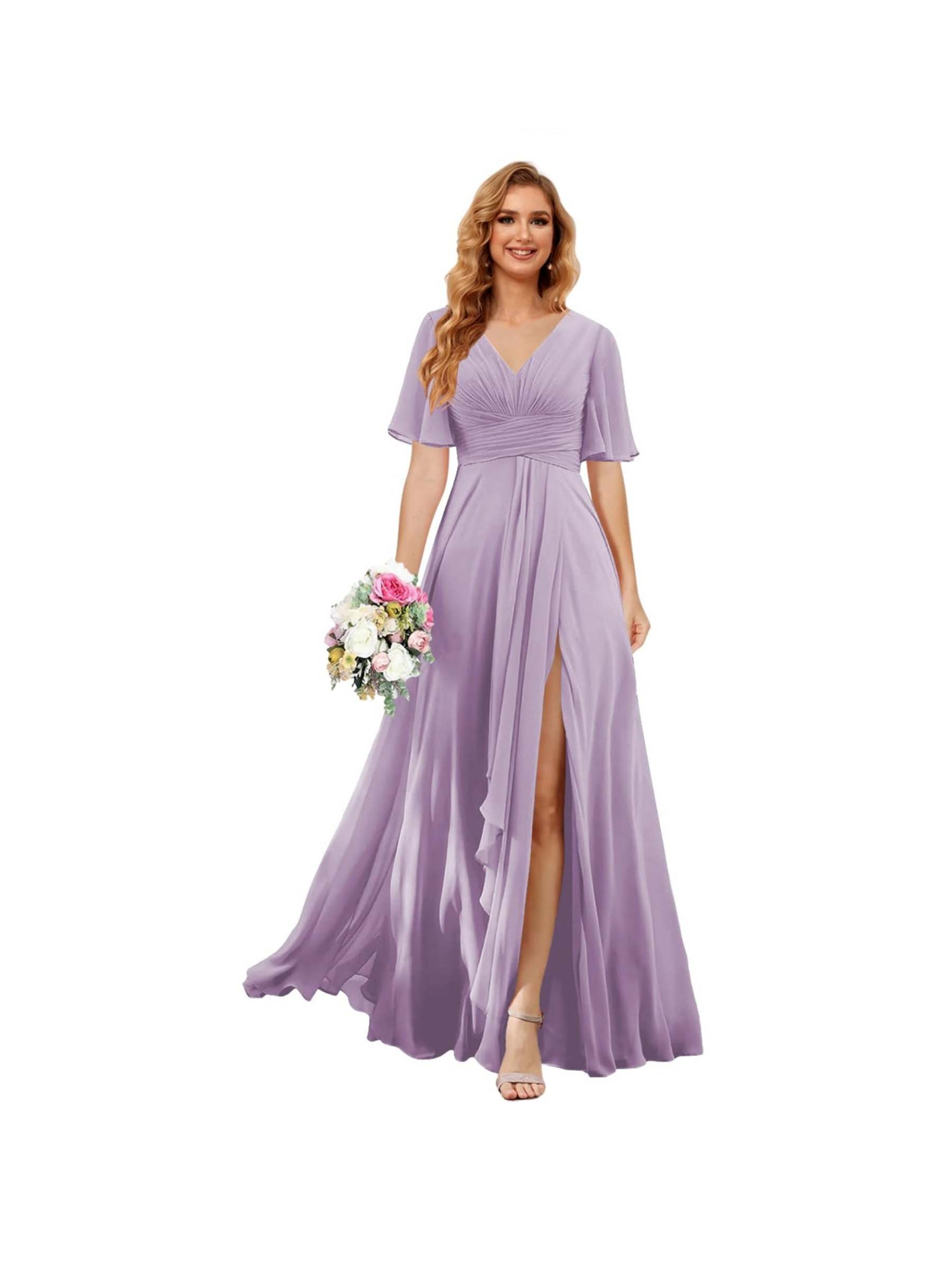 Princess A-line V-neck chiffon bridesmaid dress with slit short sleeves and floor-length