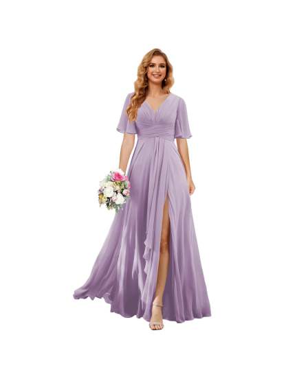 Princess A-line V-neck chiffon bridesmaid dress with slit short sleeves and floor-length