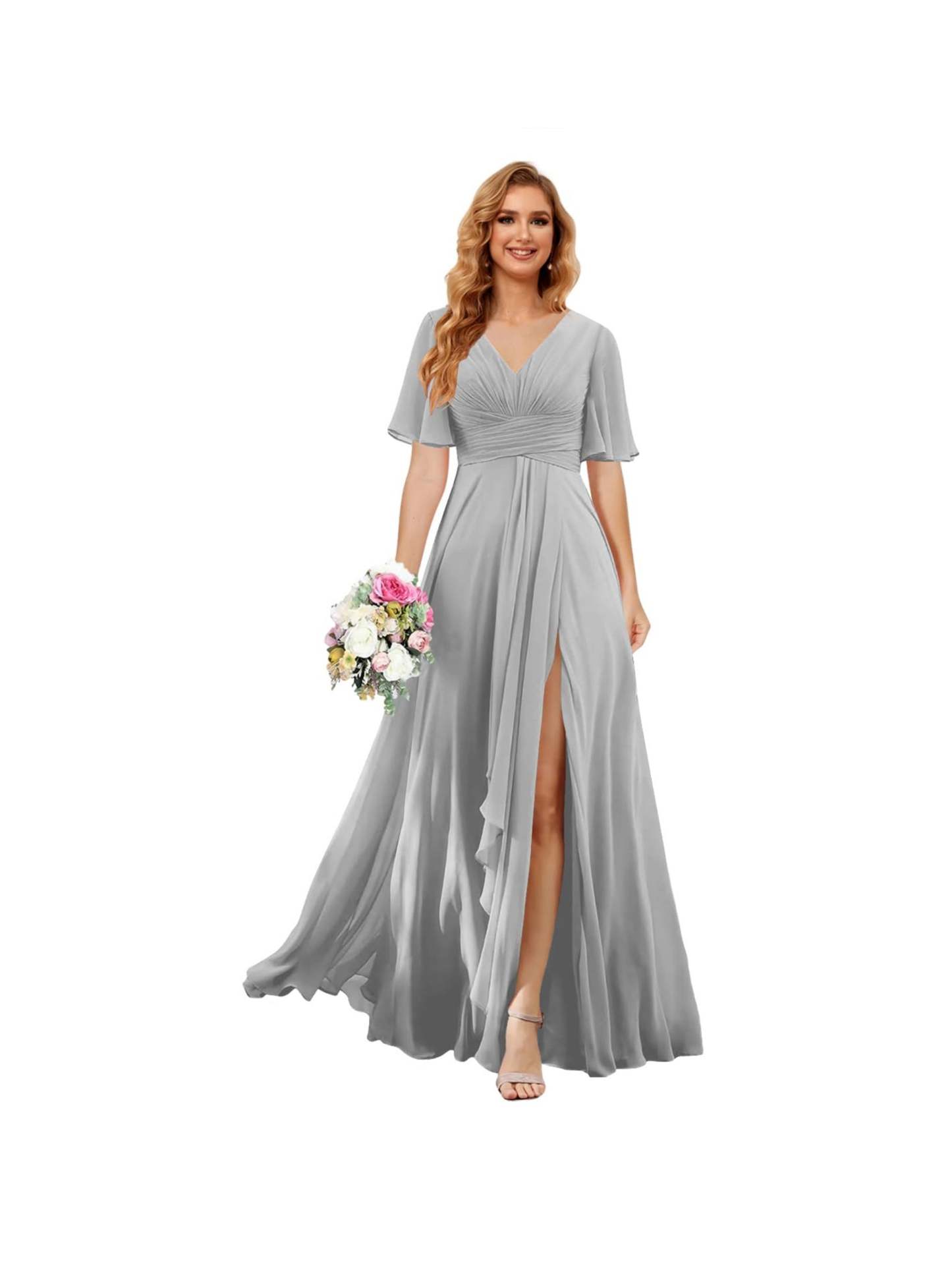 Princess A-line V-neck chiffon bridesmaid dress with slit short sleeves and floor-length