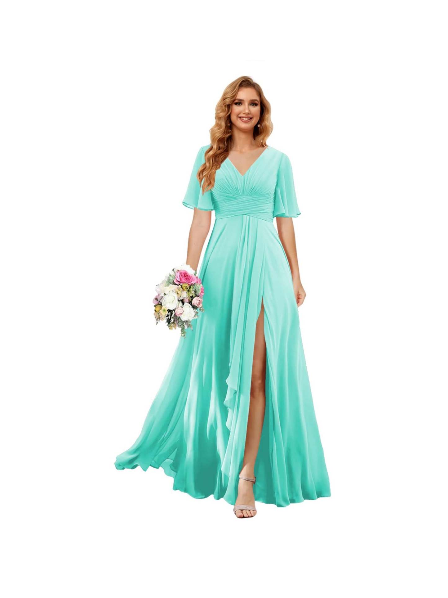 Princess A-line V-neck chiffon bridesmaid dress with slit short sleeves and floor-length