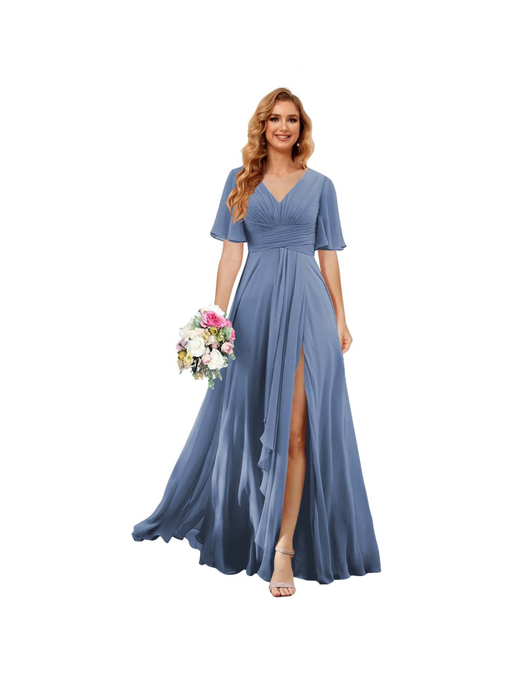 Princess A-line V-neck chiffon bridesmaid dress with slit short sleeves and floor-length
