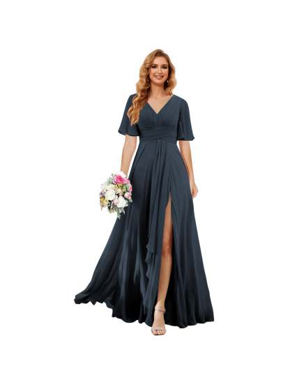 Princess A-line V-neck chiffon bridesmaid dress with slit short sleeves and floor-length