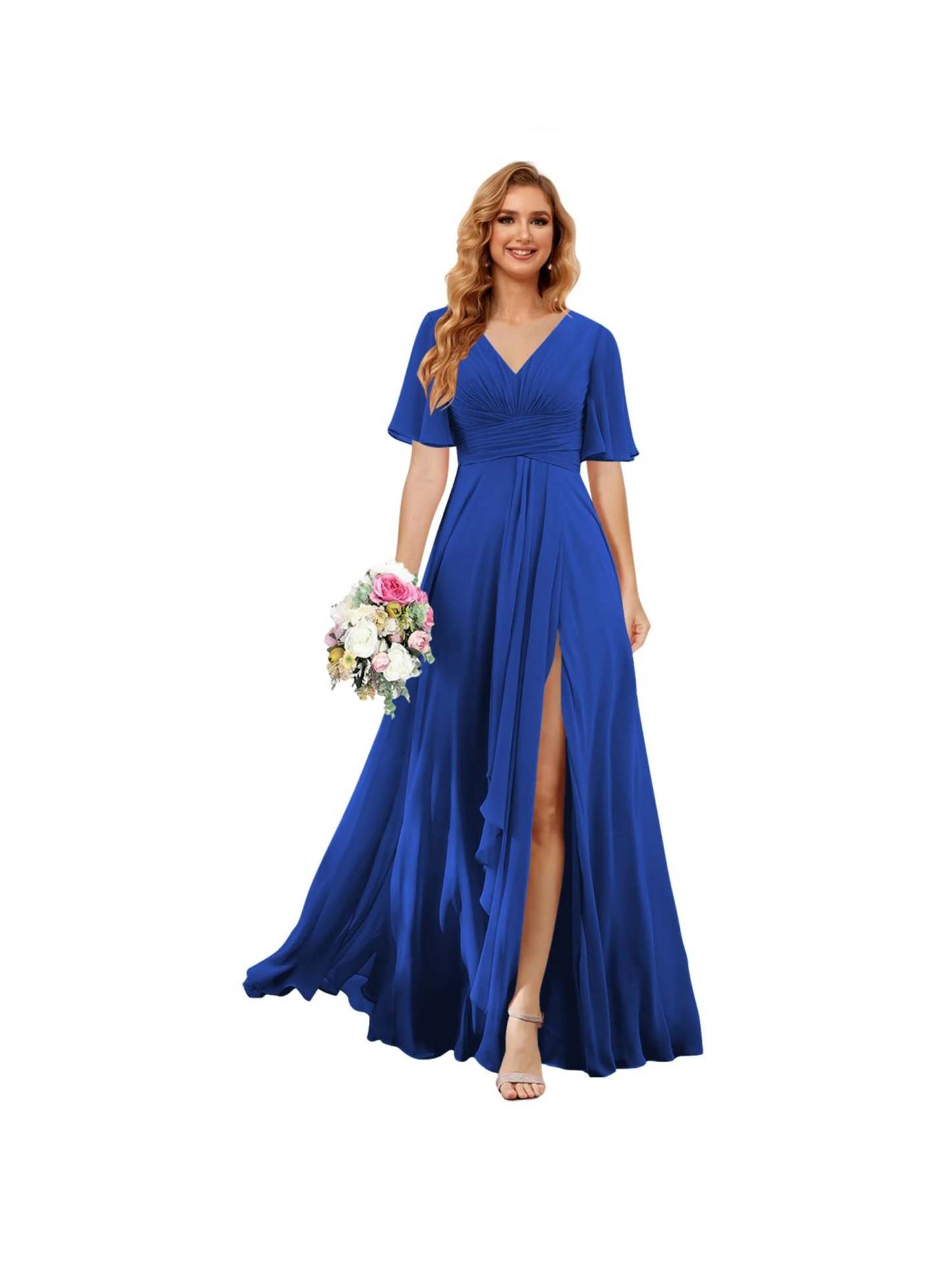 Princess A-line V-neck chiffon bridesmaid dress with slit short sleeves and floor-length