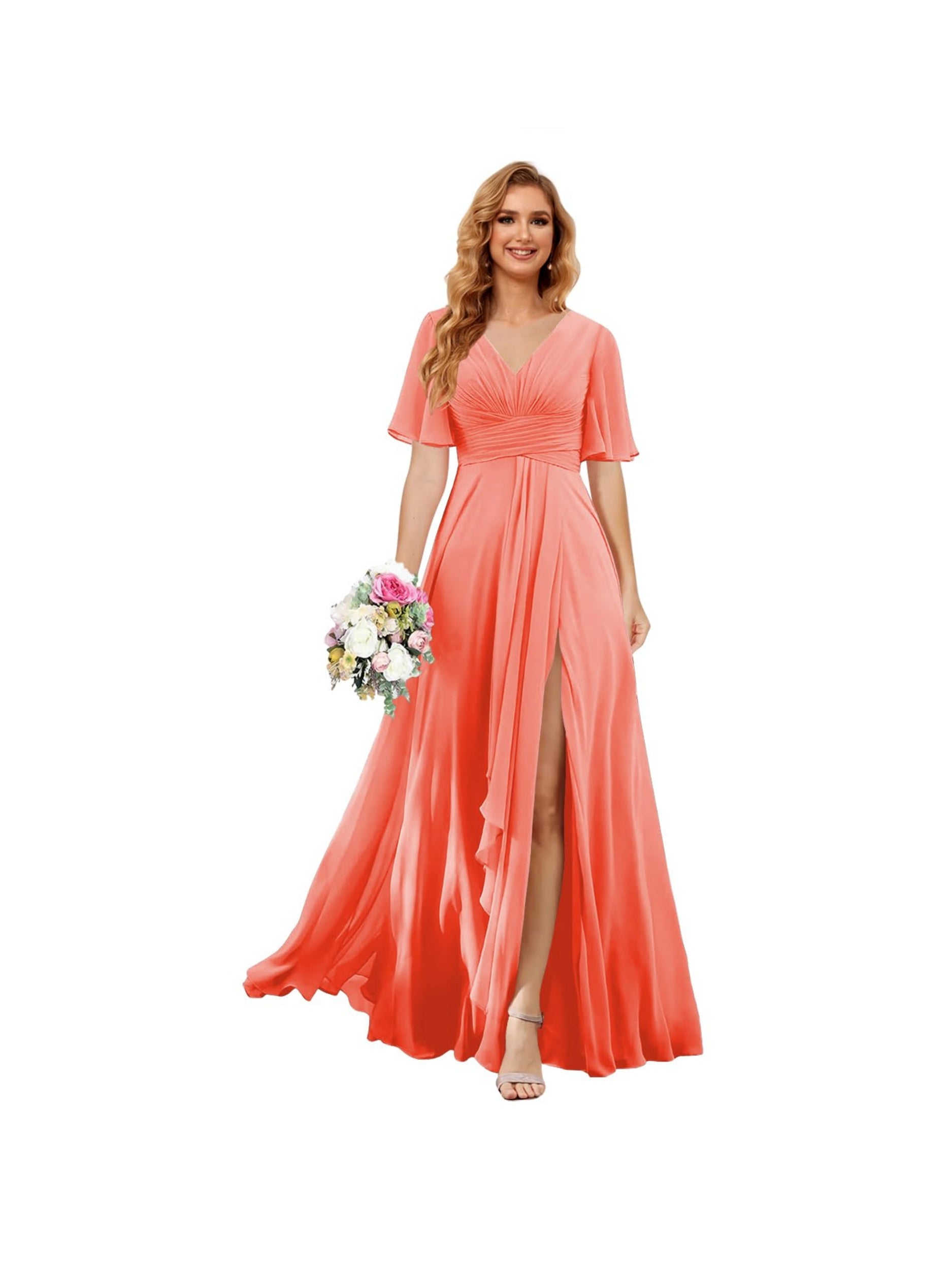 Princess A-line V-neck chiffon bridesmaid dress with slit short sleeves and floor-length