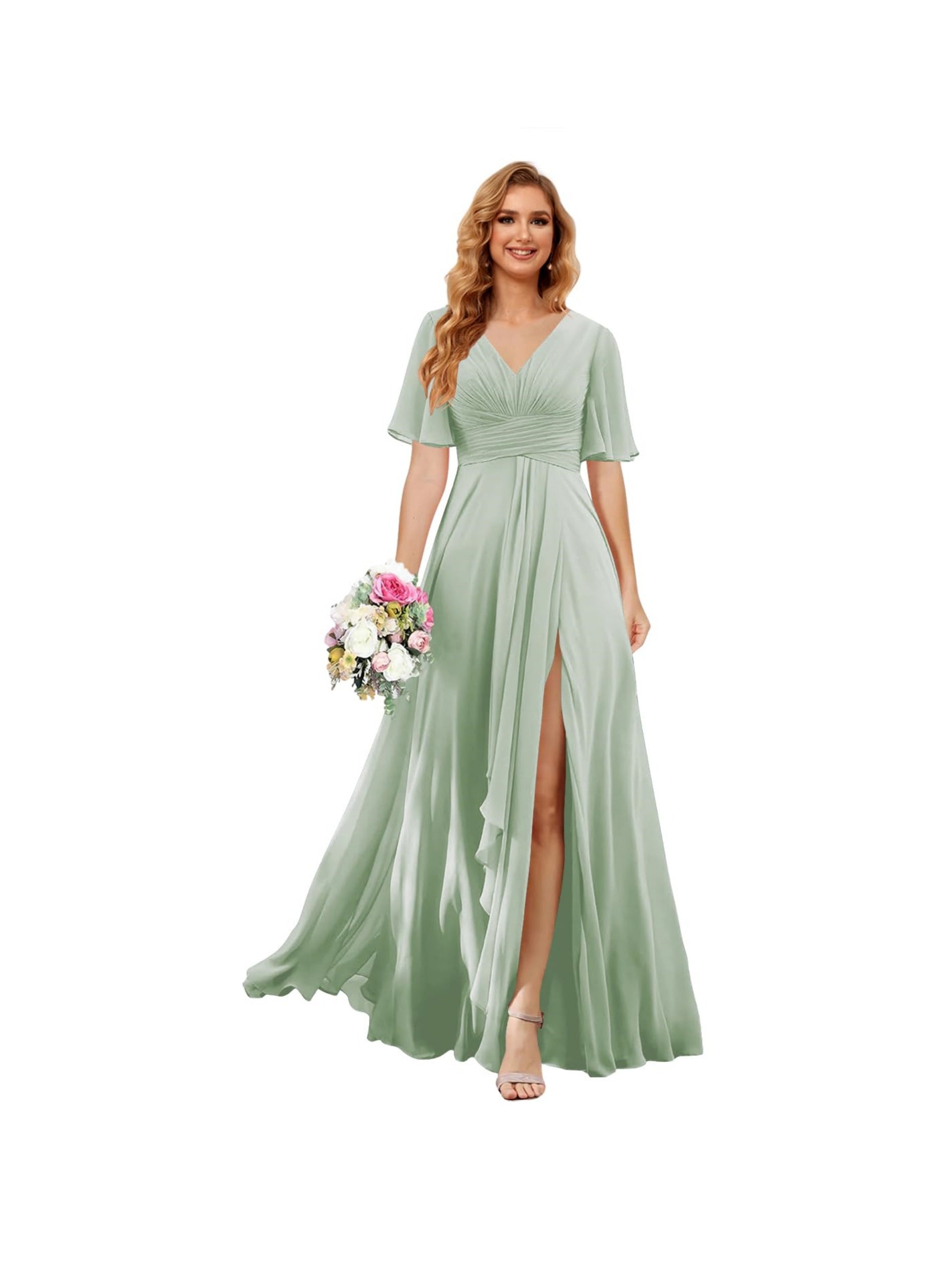 Princess A-line V-neck chiffon bridesmaid dress with slit short sleeves and floor-length