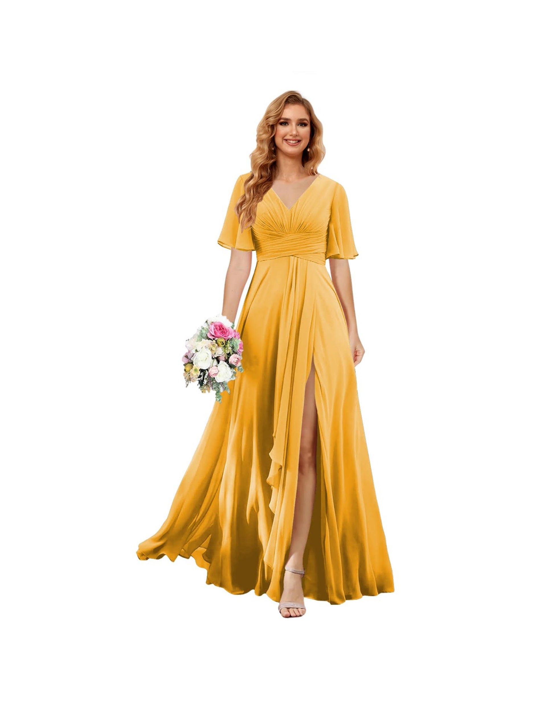 Princess A-line V-neck chiffon bridesmaid dress with slit short sleeves and floor-length