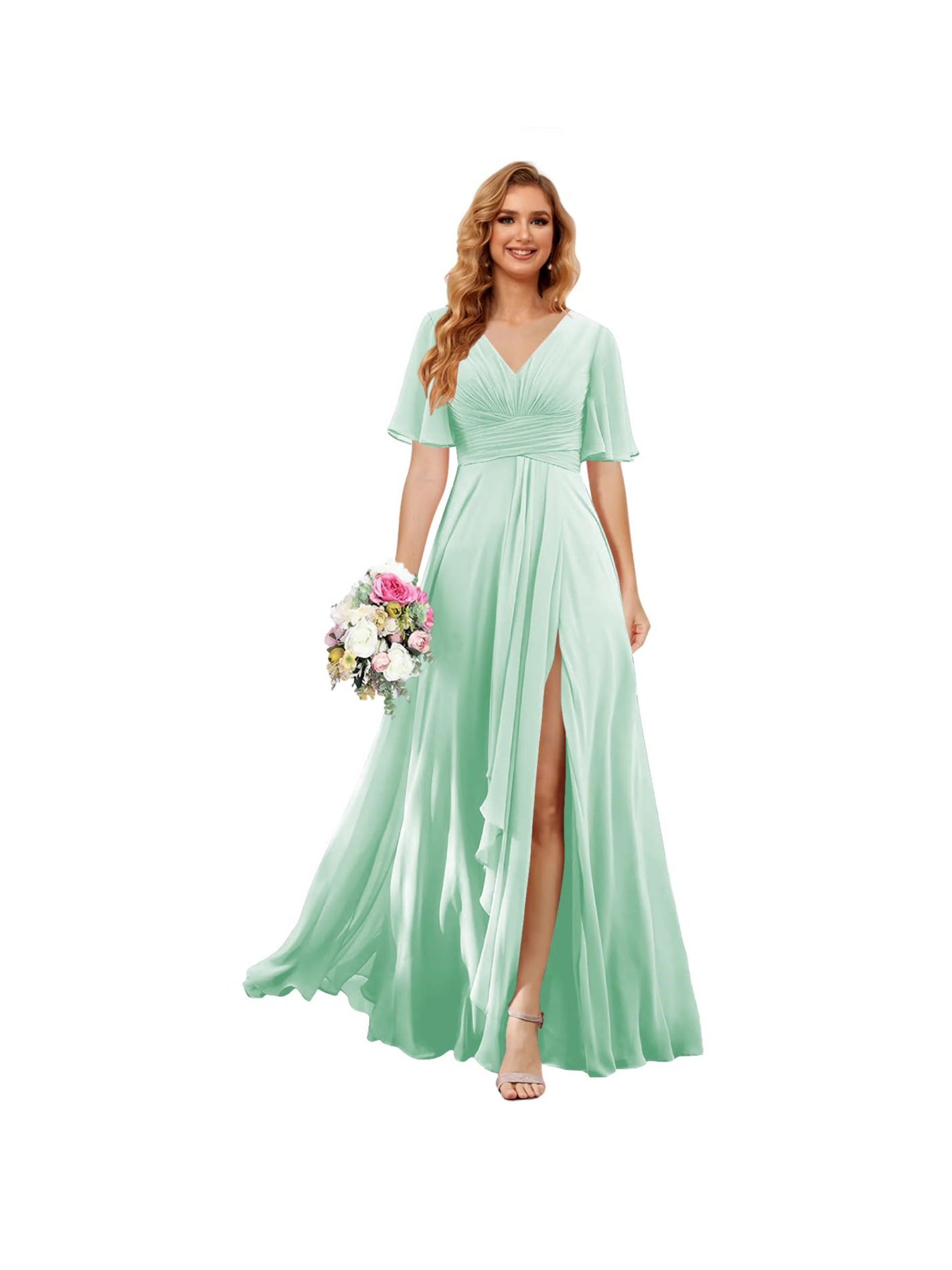 Princess A-line V-neck chiffon bridesmaid dress with slit short sleeves and floor-length