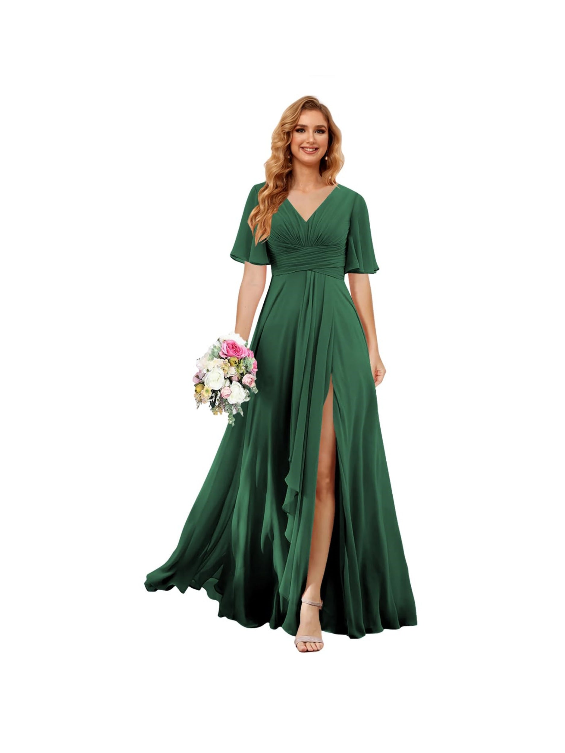 Princess A-line V-neck chiffon bridesmaid dress with slit short sleeves and floor-length