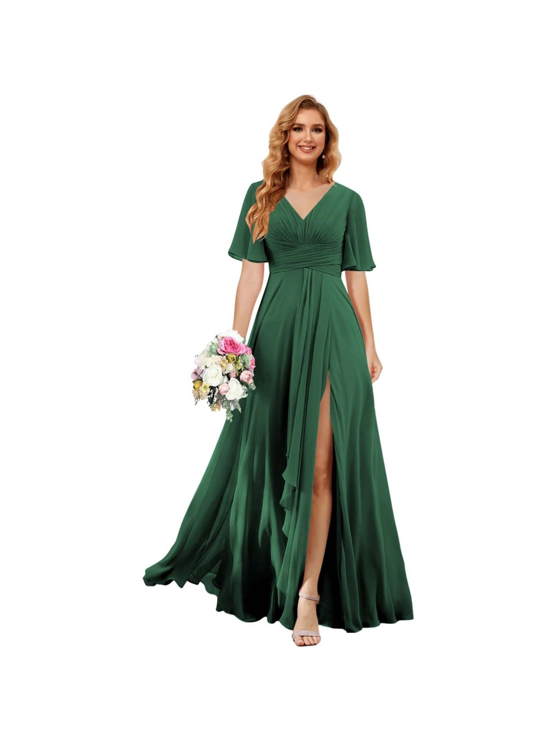Princess A-line V-neck chiffon bridesmaid dress with slit short sleeves and floor-length