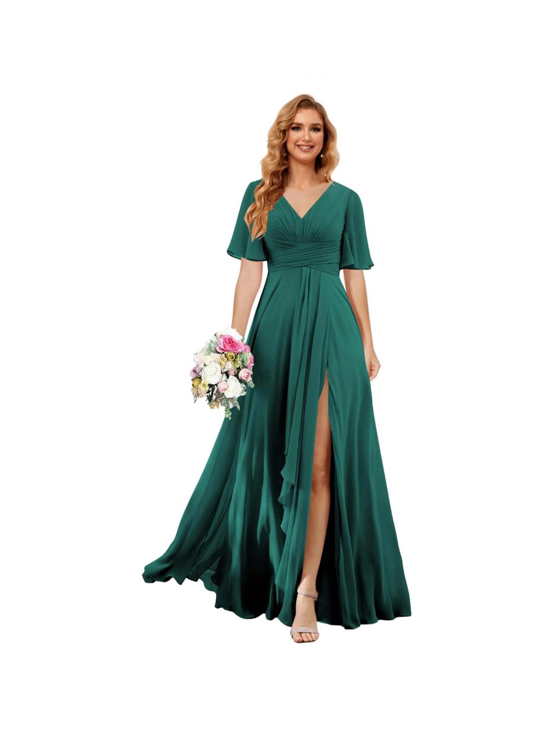 Princess A-line V-neck chiffon bridesmaid dress with slit short sleeves and floor-length