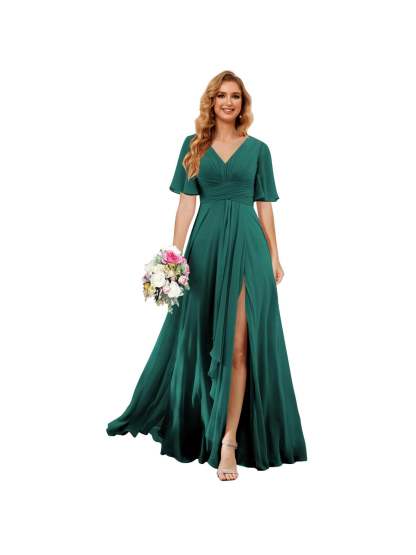 Princess A-line V-neck chiffon bridesmaid dress with slit short sleeves and floor-length