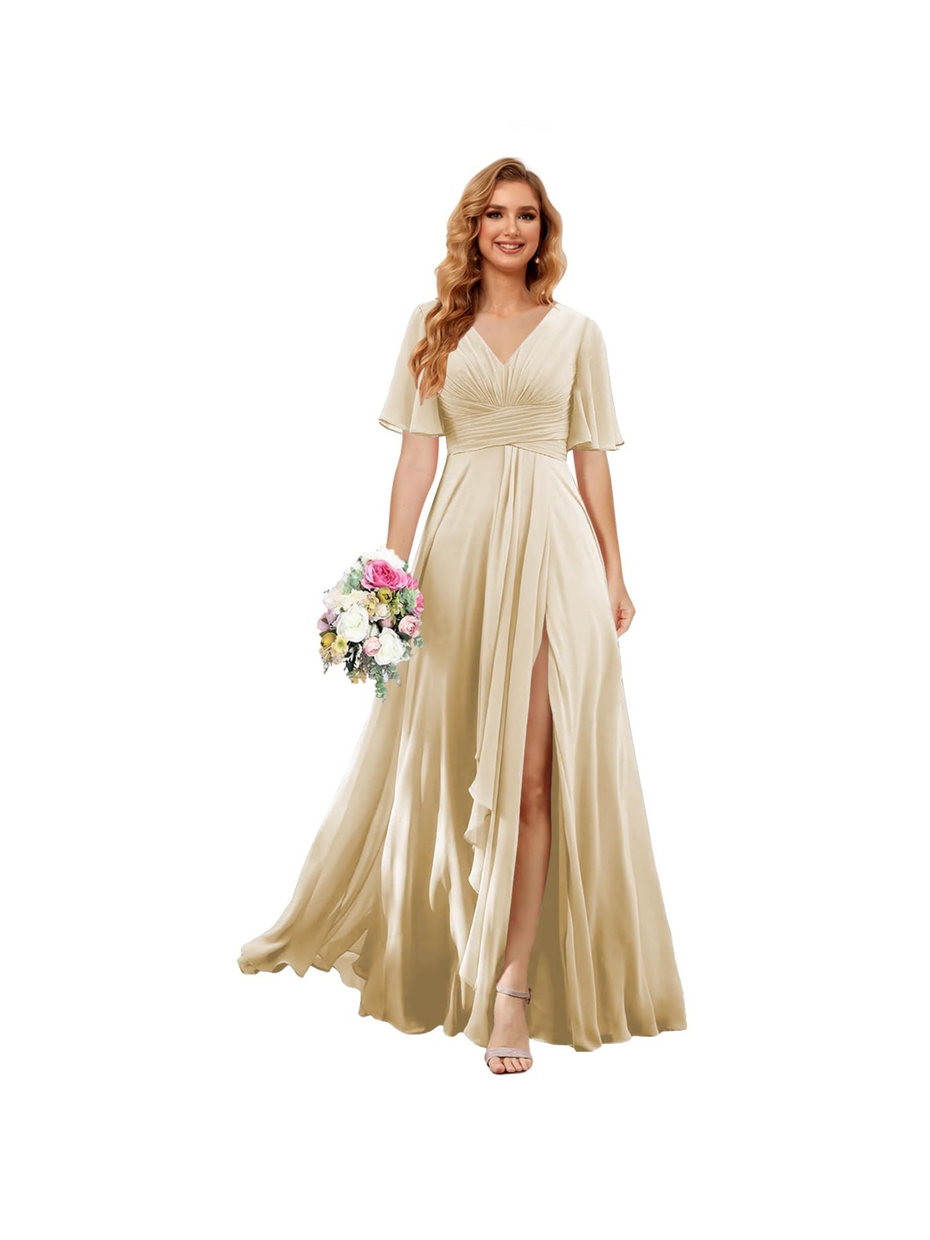 Princess A-line V-neck chiffon bridesmaid dress with slit short sleeves and floor-length