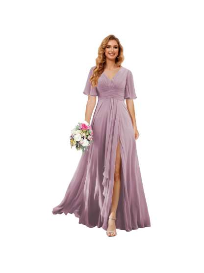 Princess A-line V-neck chiffon bridesmaid dress with slit short sleeves and floor-length