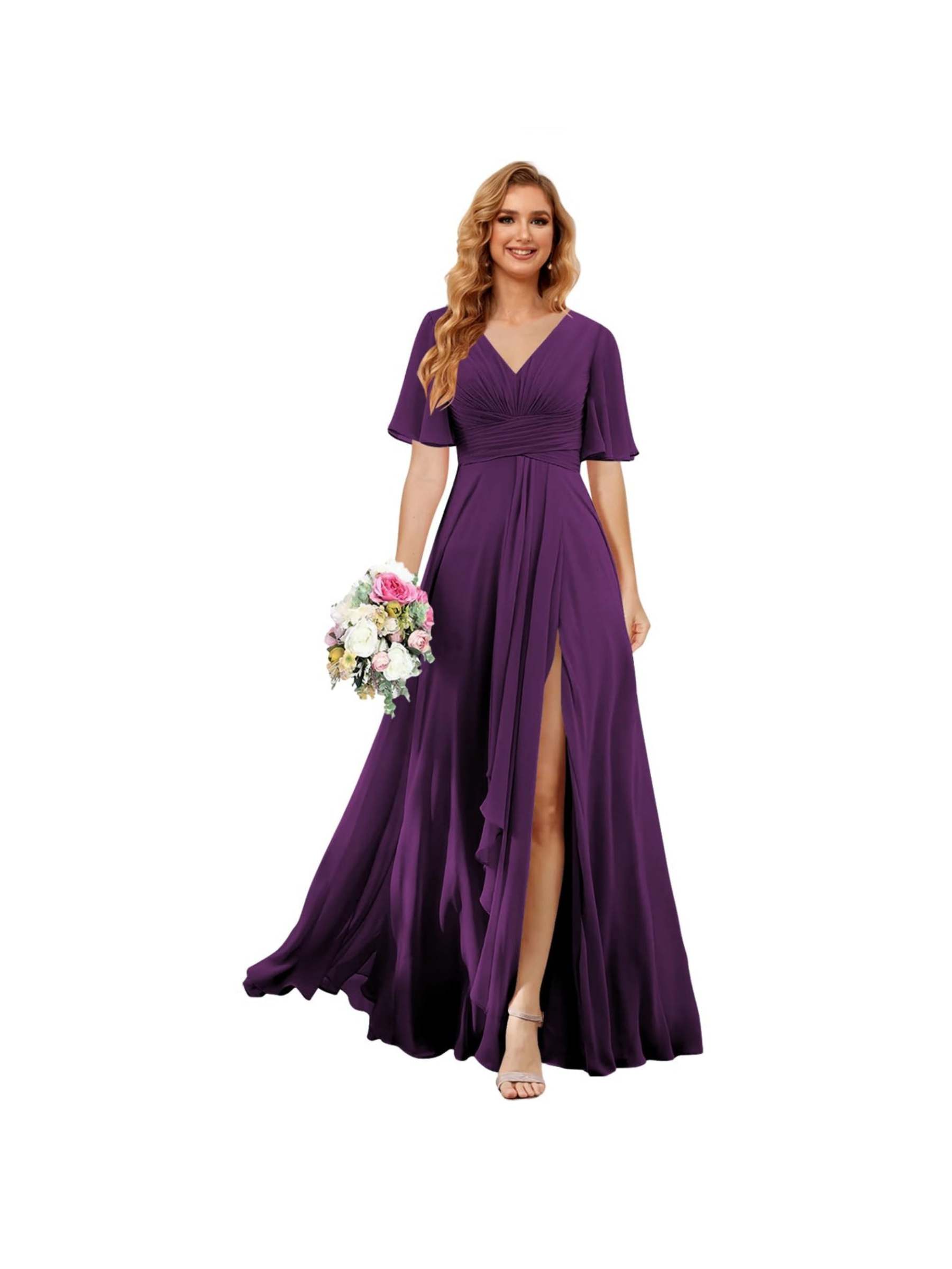 Princess A-line V-neck chiffon bridesmaid dress with slit short sleeves and floor-length