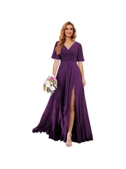 Princess A-line V-neck chiffon bridesmaid dress with slit short sleeves and floor-length