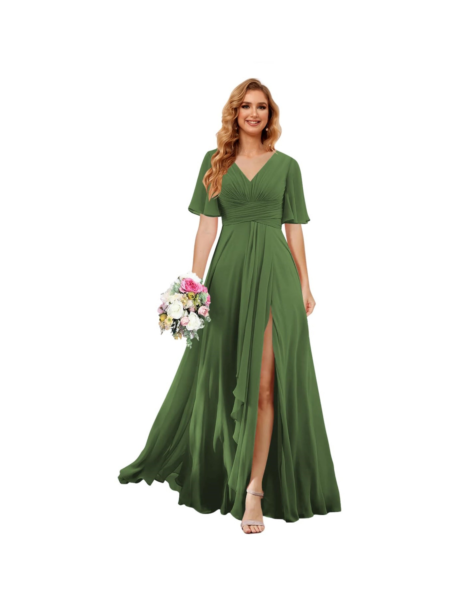 Princess A-line V-neck chiffon bridesmaid dress with slit short sleeves and floor-length