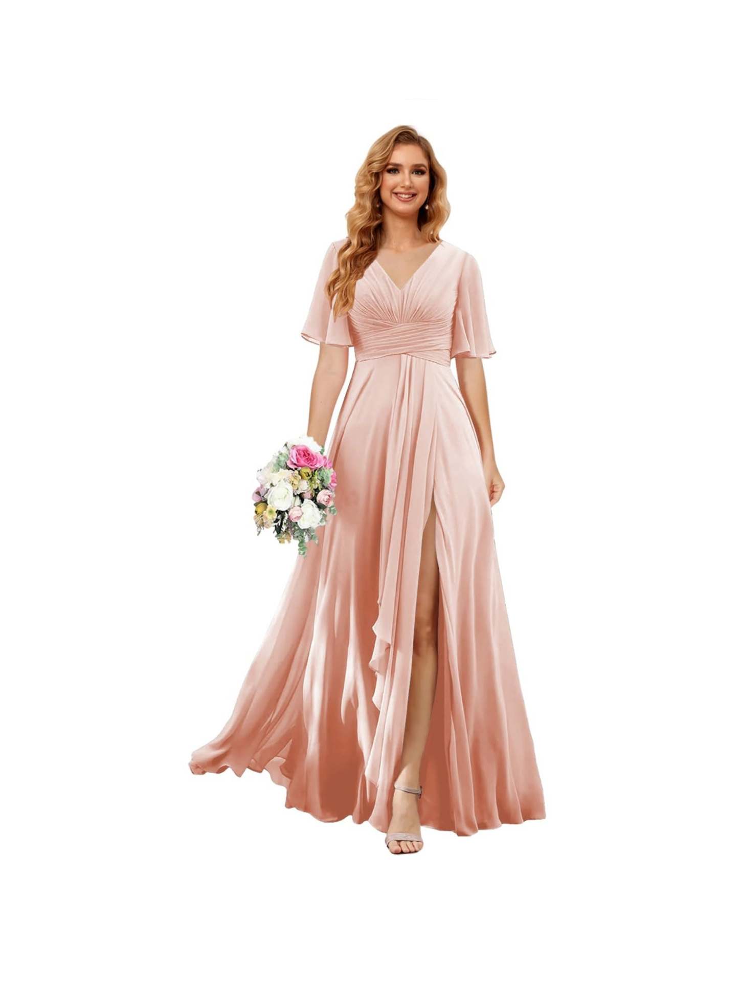 Princess A-line V-neck chiffon bridesmaid dress with slit short sleeves and floor-length