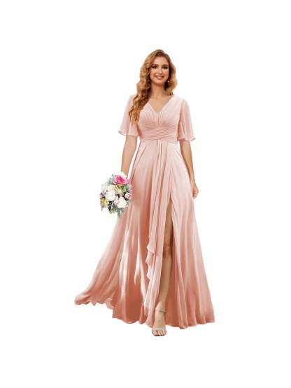 Princess A-line V-neck chiffon bridesmaid dress with slit short sleeves and floor-length