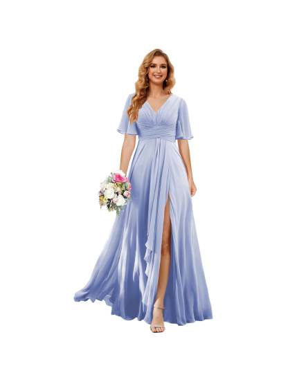 Princess A-line V-neck chiffon bridesmaid dress with slit short sleeves and floor-length
