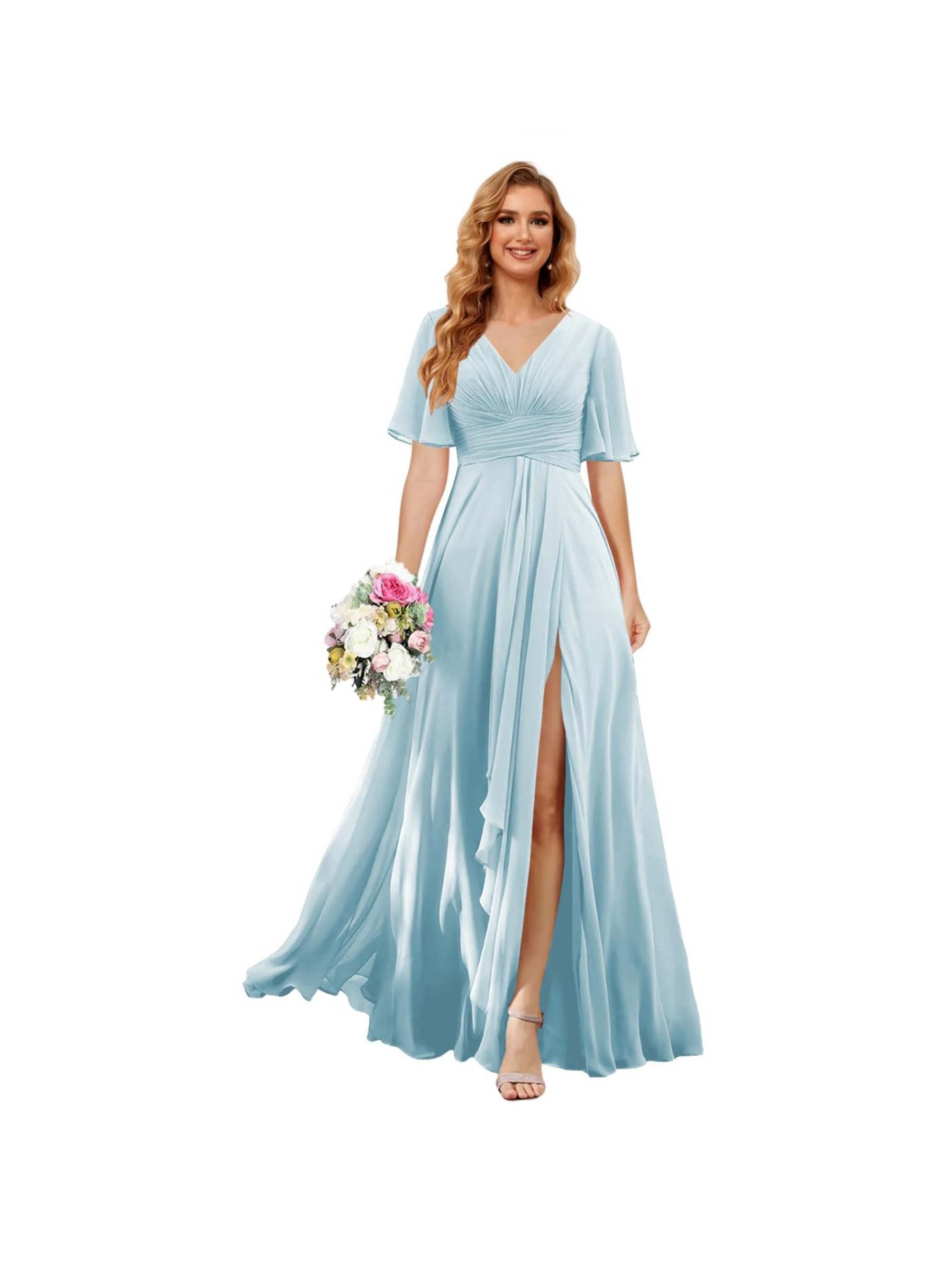 Princess A-line V-neck chiffon bridesmaid dress with slit short sleeves and floor-length