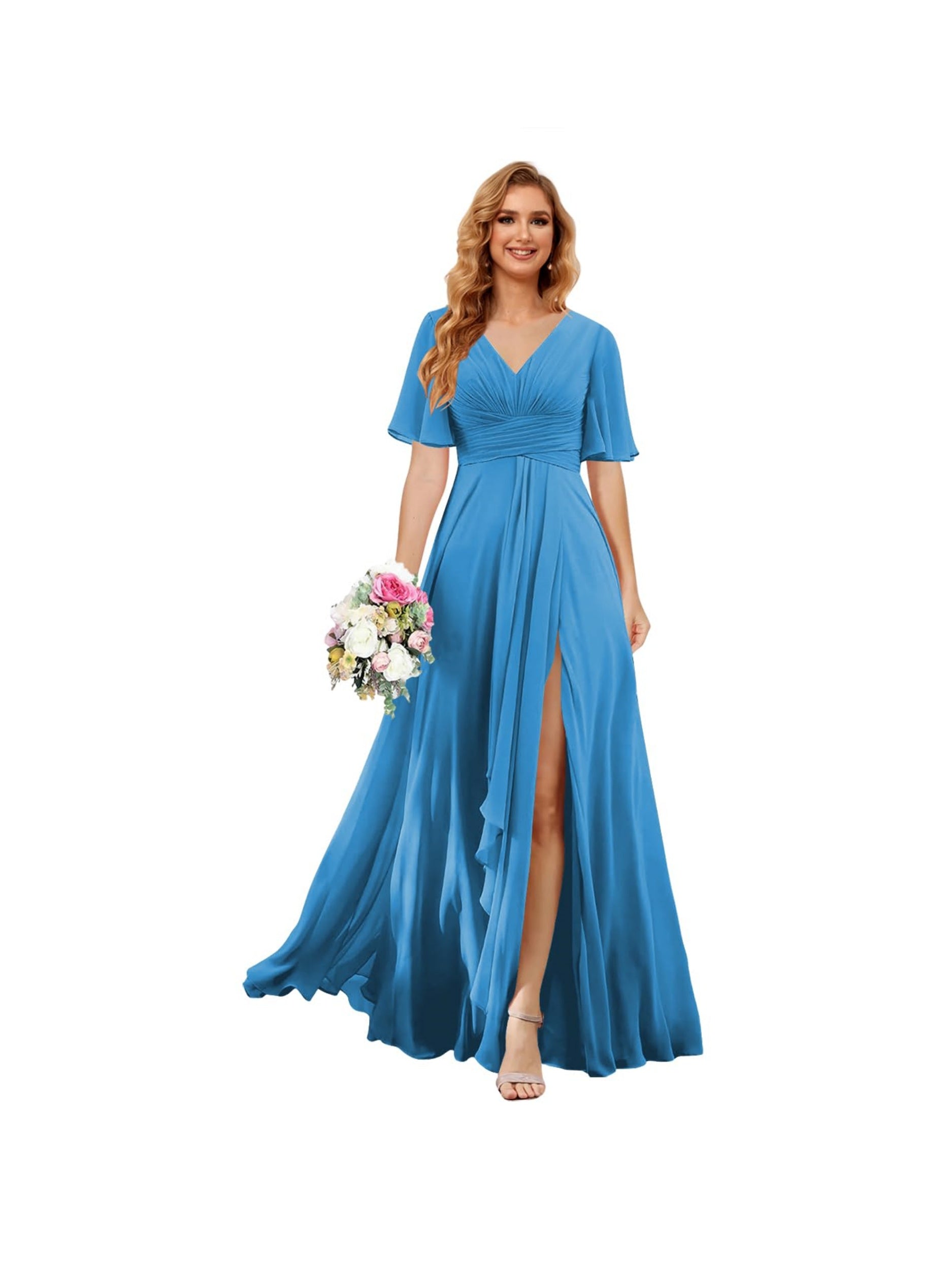 Princess A-line V-neck chiffon bridesmaid dress with slit short sleeves and floor-length
