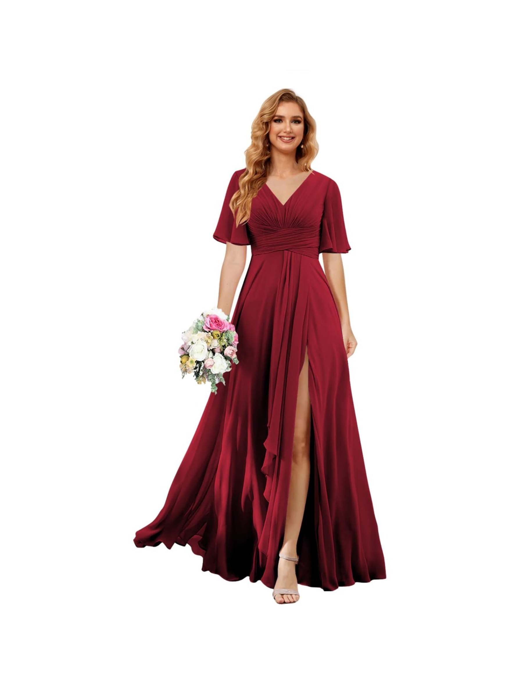 Princess A-line V-neck chiffon bridesmaid dress with slit short sleeves and floor-length