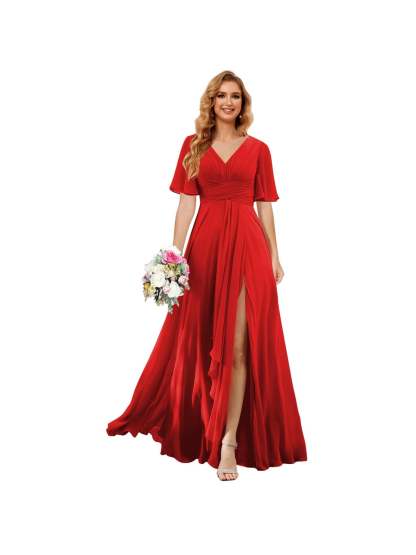 Princess A-line V-neck chiffon bridesmaid dress with slit short sleeves and floor-length
