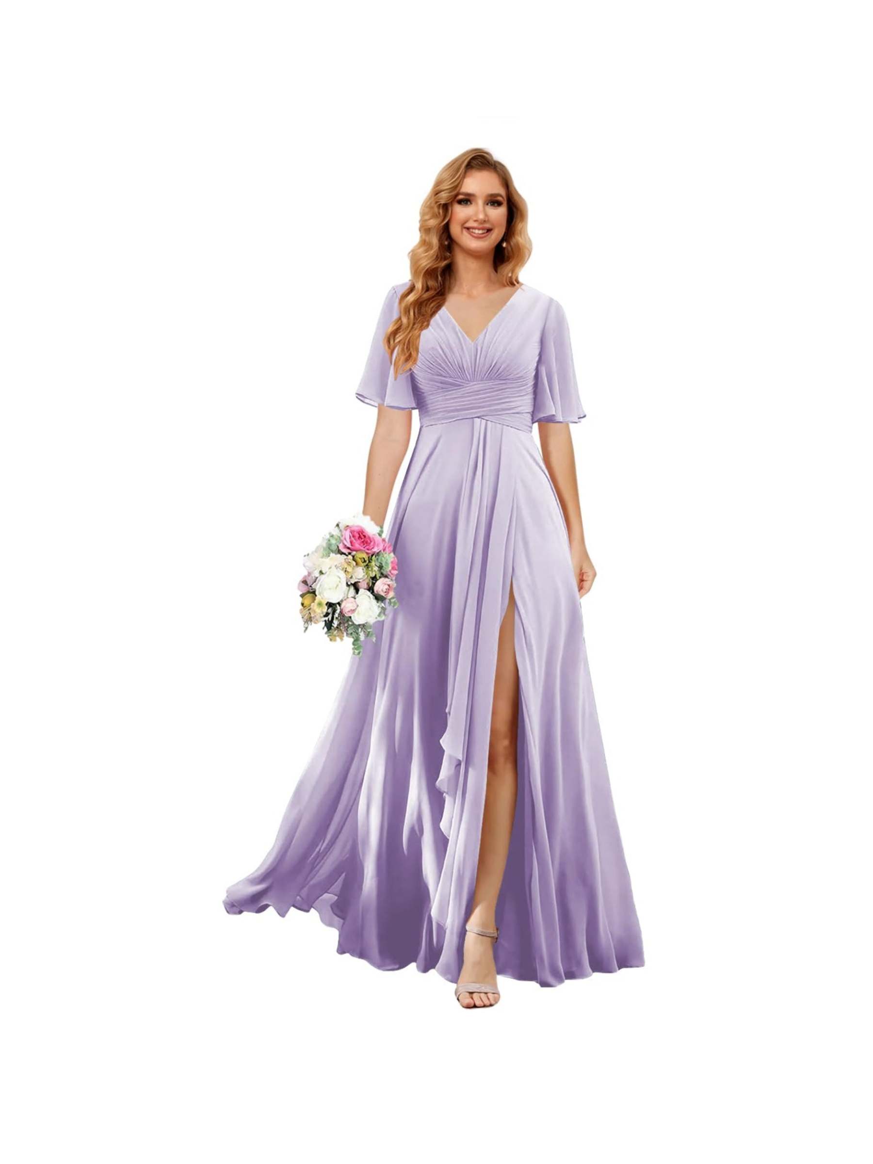 Princess A-line V-neck chiffon bridesmaid dress with slit short sleeves and floor-length