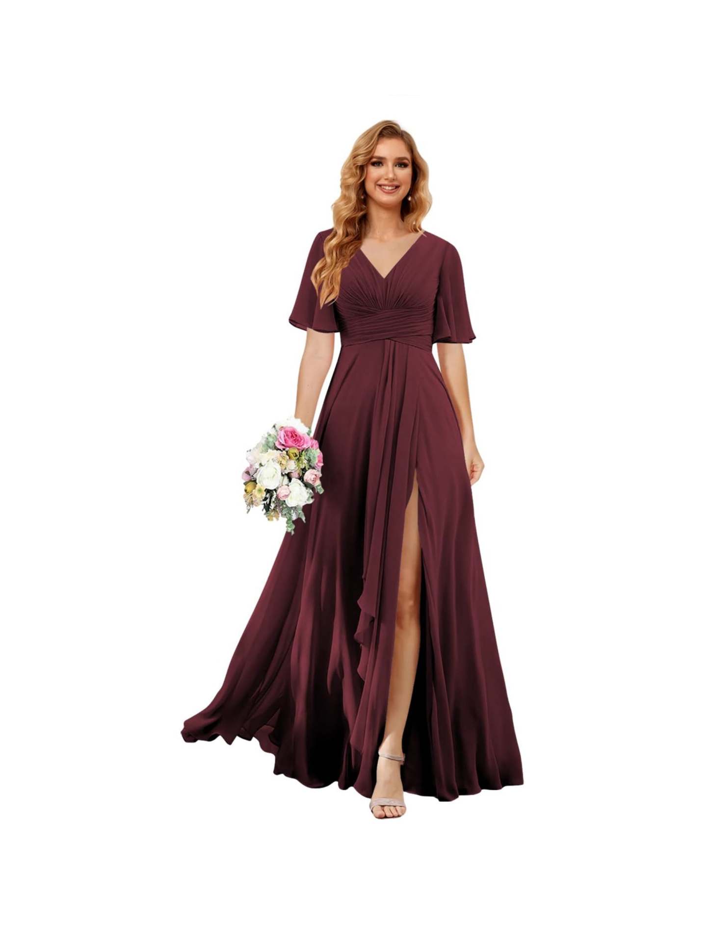 Princess A-line V-neck chiffon bridesmaid dress with slit short sleeves and floor-length