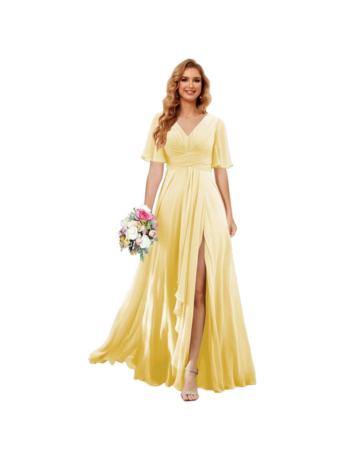 Princess A-line V-neck chiffon bridesmaid dress with slit short sleeves and floor-length