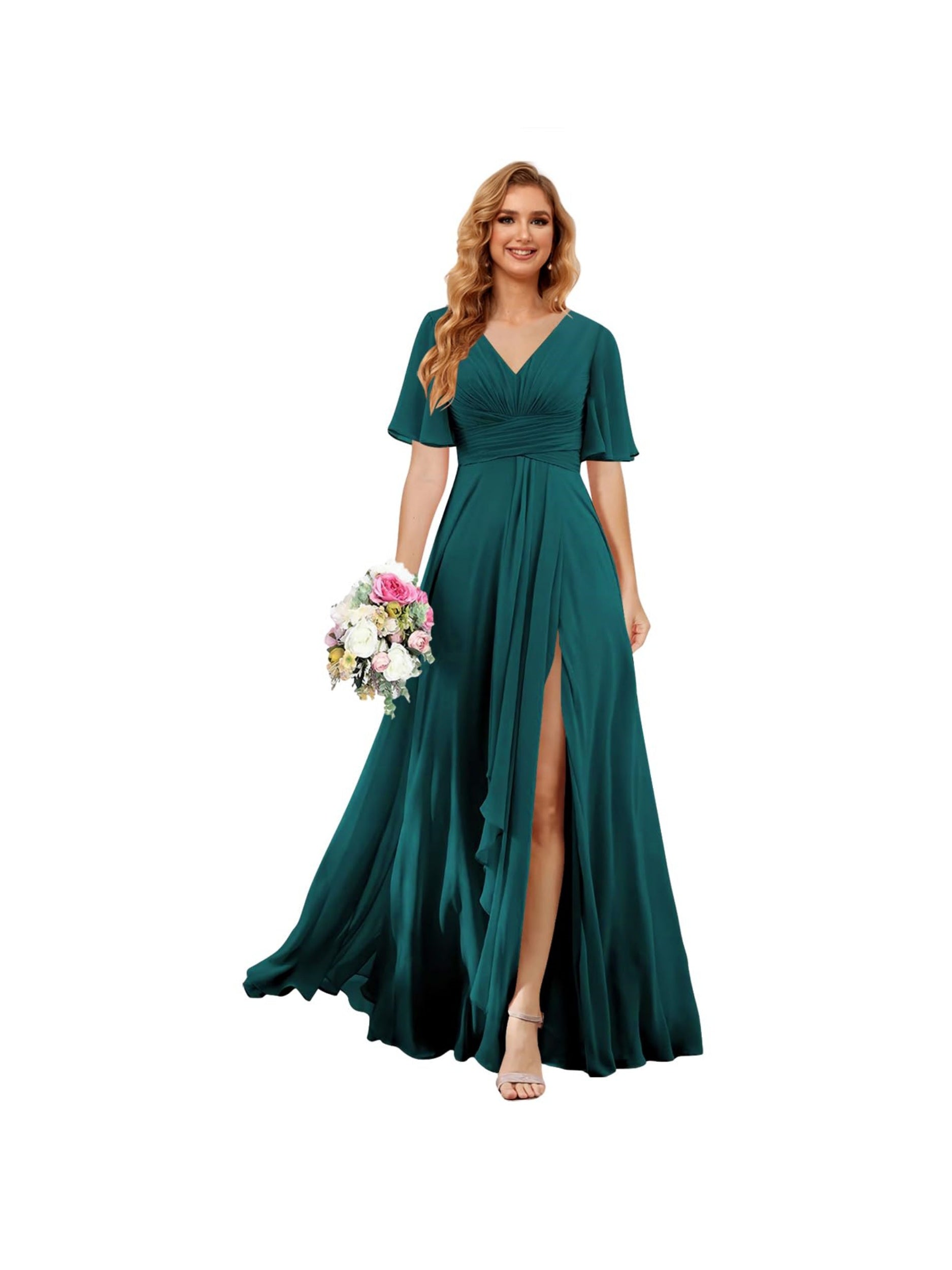 Princess A-line V-neck chiffon bridesmaid dress with slit short sleeves and floor-length