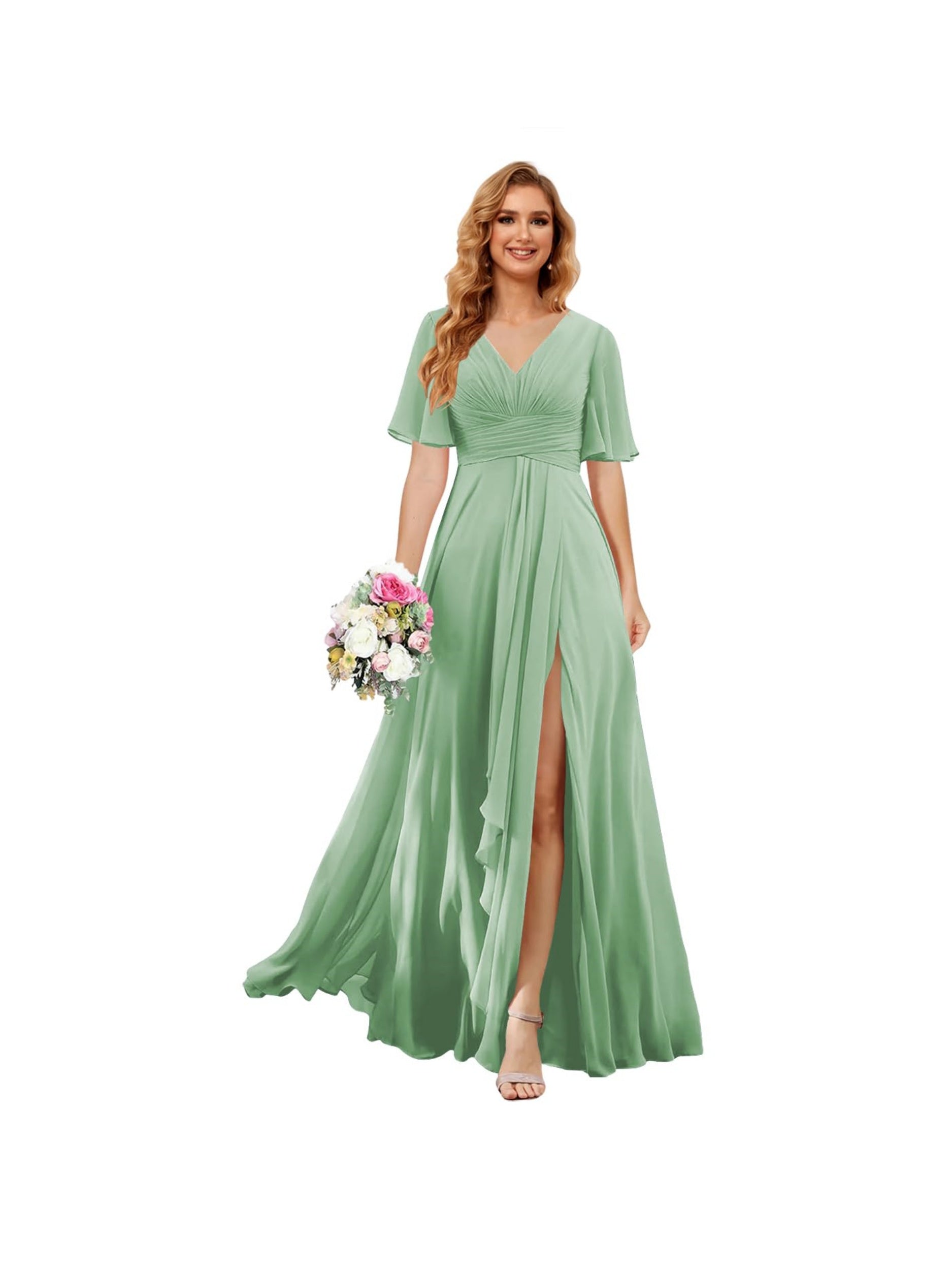 Princess A-line V-neck chiffon bridesmaid dress with slit short sleeves and floor-length